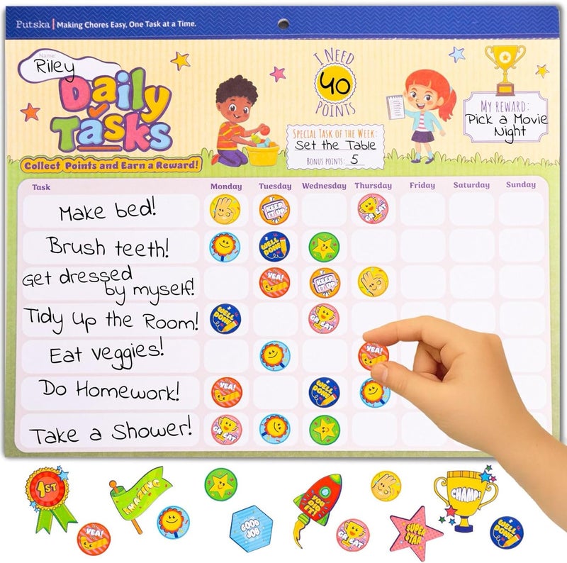 Putska Behavior Reward Chart for Kids – Includes 26 Chore Charts & 1528 Stickers – Magnetic Chore Chart for Multiple Kids at Home to Build Responsibility & Positive Habits (Reward Chart) - Image 1